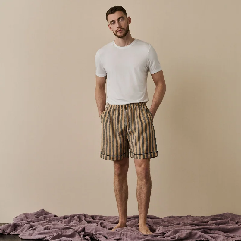 Men's Blue & Porcini Striped Linen Pajama Shorts