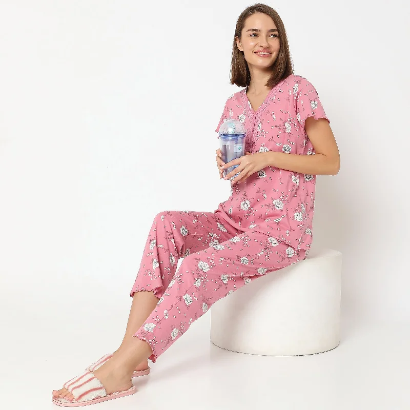 Regular Fit Printed T-shirt with Pyjama Sleepwear Set