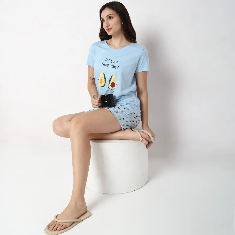 Regular Fit Printed T-shirt with Shorts Sleepwear Set