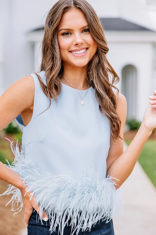 Be The Drama Light Blue Feather Trim Blouse