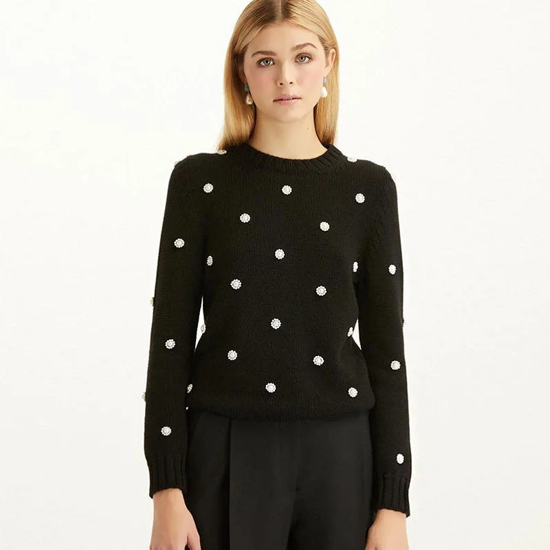 Elegant Black Polka Dot Print Puff Sleeve High Neck Pullover Sweater