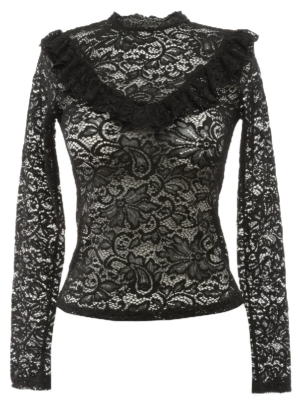 Lace Frilled Black Blouse - XS