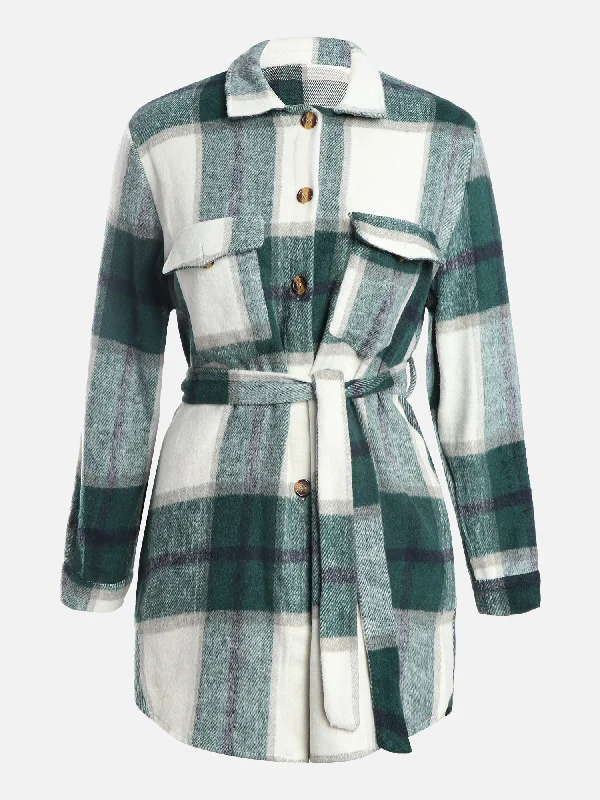 Plaid Thickened Wool Strapped Coat (Deep Jungle Green)