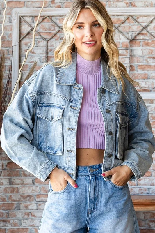 Look After You Cargo Pocket Cropped Denim Jacket