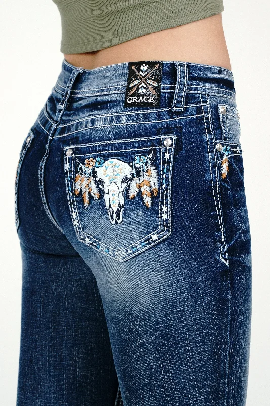 Steer Head Embellished Mid Rise  Bootcut Jeans