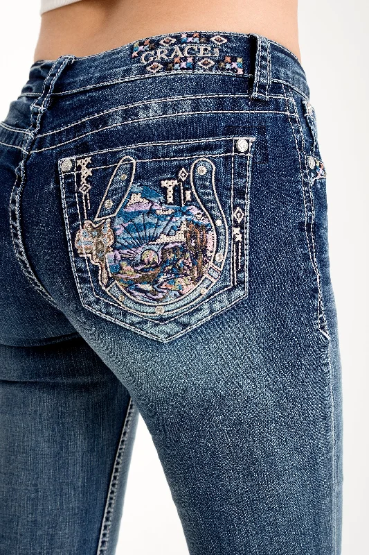 Horse Shoe/Mountain View Mid Rise Embellished Women's Bootcut Jeans