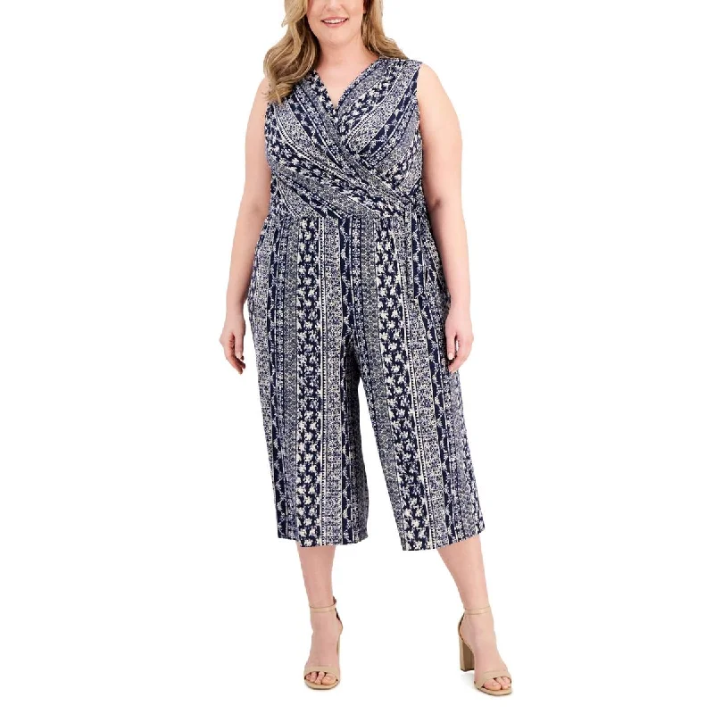 Connected Apparel Womens Plus Surplice Neck Floral Jumpsuit