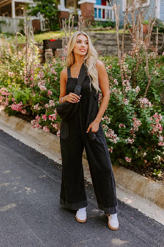 Cue The Charm Wide Leg Waffle Knit Jumpsuit in Vintage Black