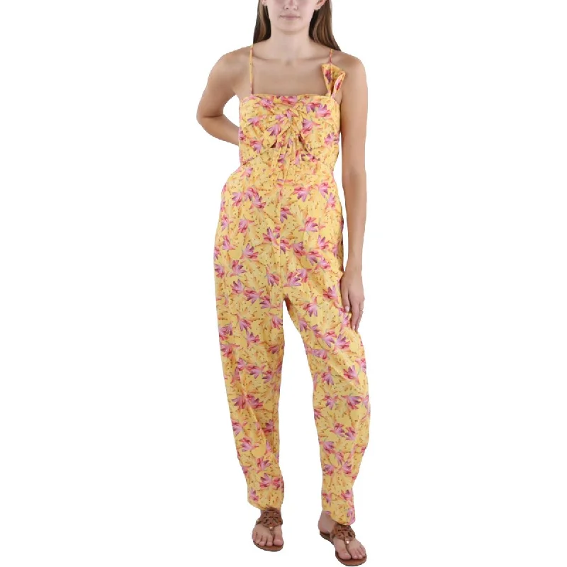 FARM Rio Womens Banana Sunshine Bow Floral Print Gathered Jumpsuit