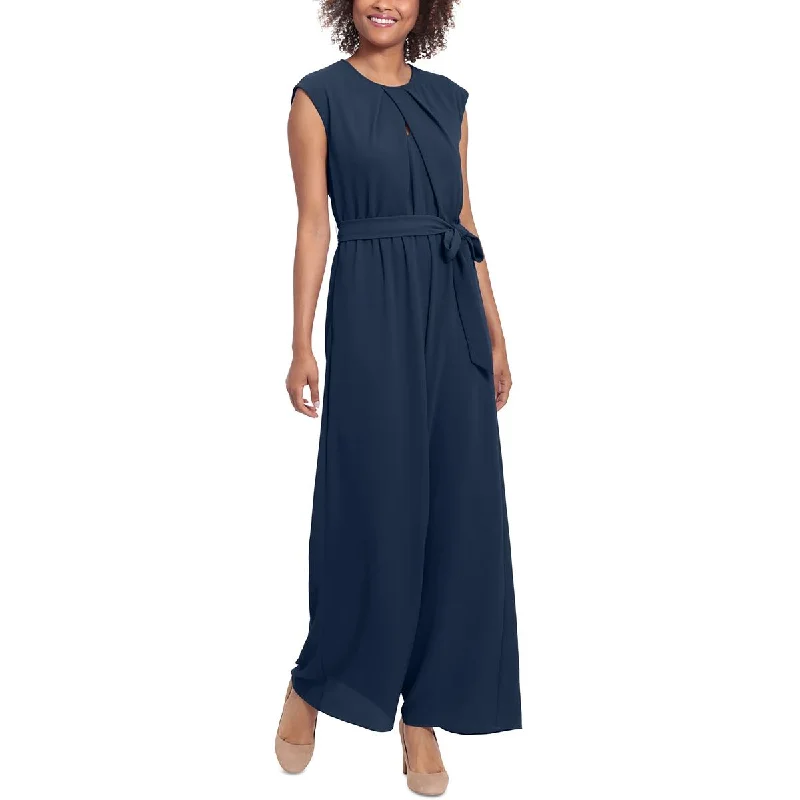 London Times Womens Crepe Pleated Neck Jumpsuit