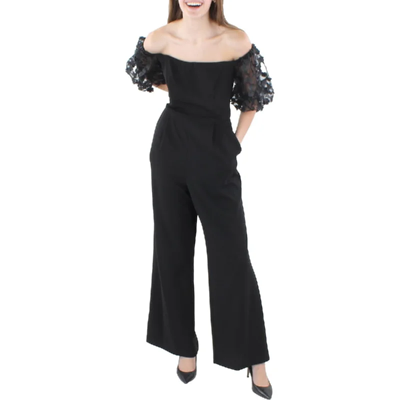 Xscape Womens Petites Floral Applique Off-The-Shoulder Jumpsuit