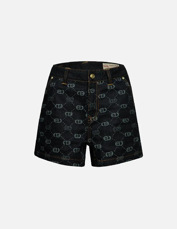 Allover Logo Jacquard and Seagull Embroidery Loose Fit Denim Short