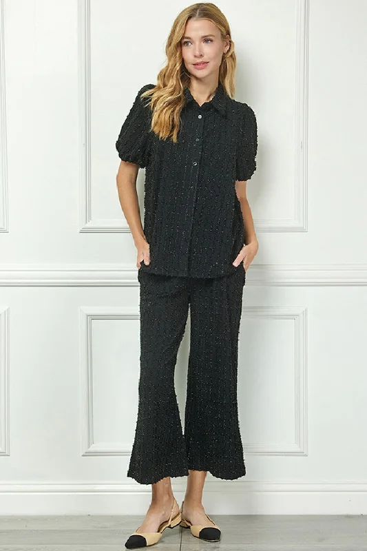 Black Glitter Collared Button Down Top & Pant Set