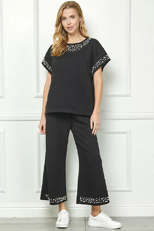 Black Textured Short Sleeve Top & Pant Set w/ Pearl Details