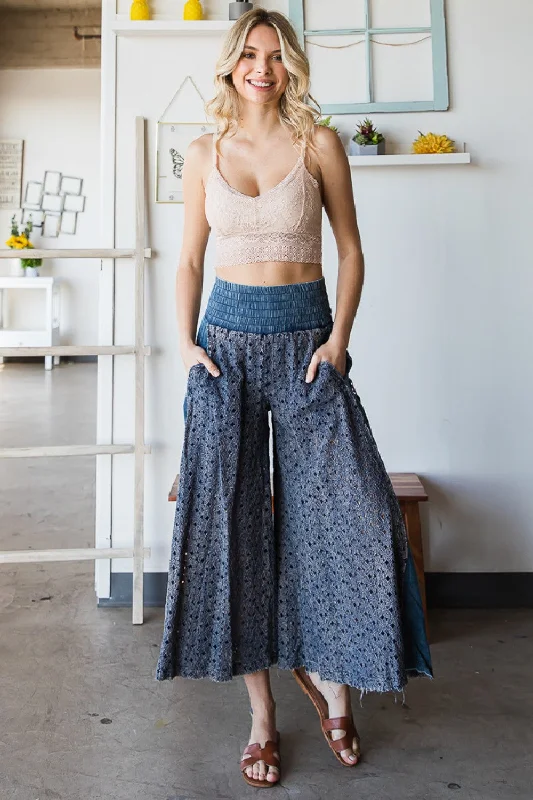 Navy Mineral Washed Lace Wide Pants