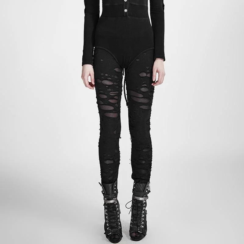 Women's Punk Ripped Black Leggings