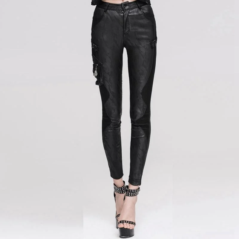 Women's Textured Leather Punk Trousers with Stitched Detail