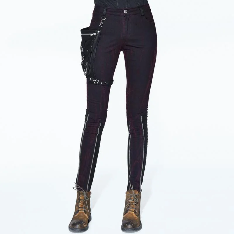 Women's Goth Punk Black Faux Leather Trimmed Trousers